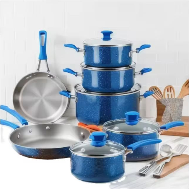 Set di pentole a prezzo competitivo con griglia Set di pentole da 13 pezzi Set di pentole con doppio rivestimento in granito con marchio