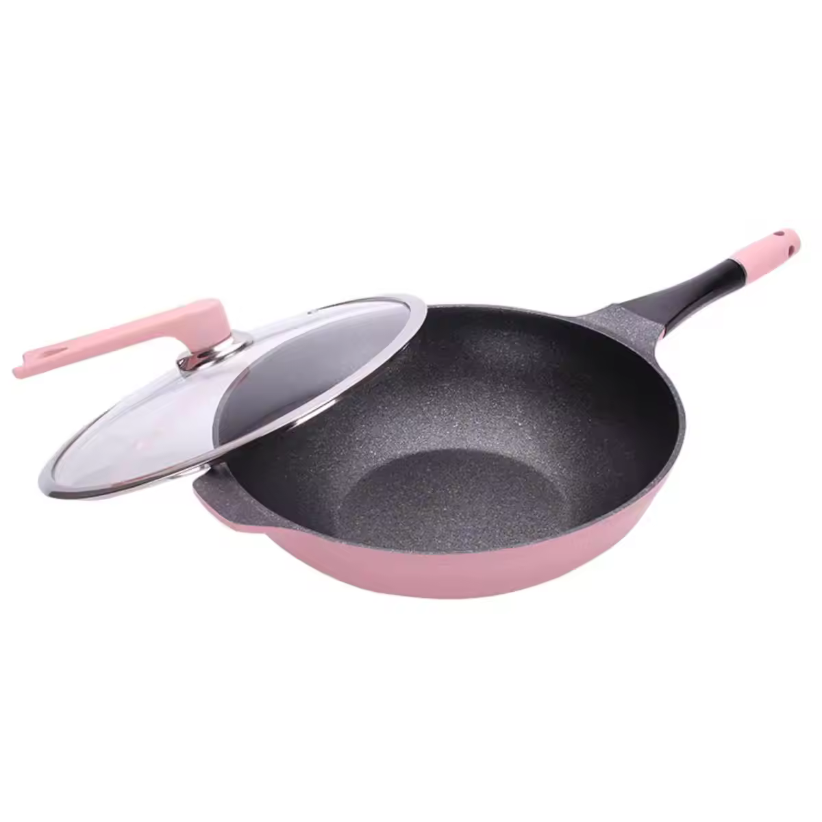 Padella wok con fondo a induzione in alluminio pressofuso, ceramica antiaderente, lavorazione profonda, con coperchio
