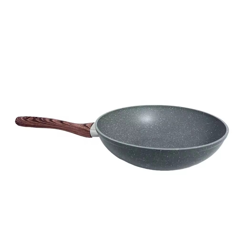 Padella Wok Antiaderente In Marmo Con Coperchio In Vetro Cucina A Induzione Con Manico In Legno Soft Touch Padella Wok Antiaderente In Alluminio Forgiato