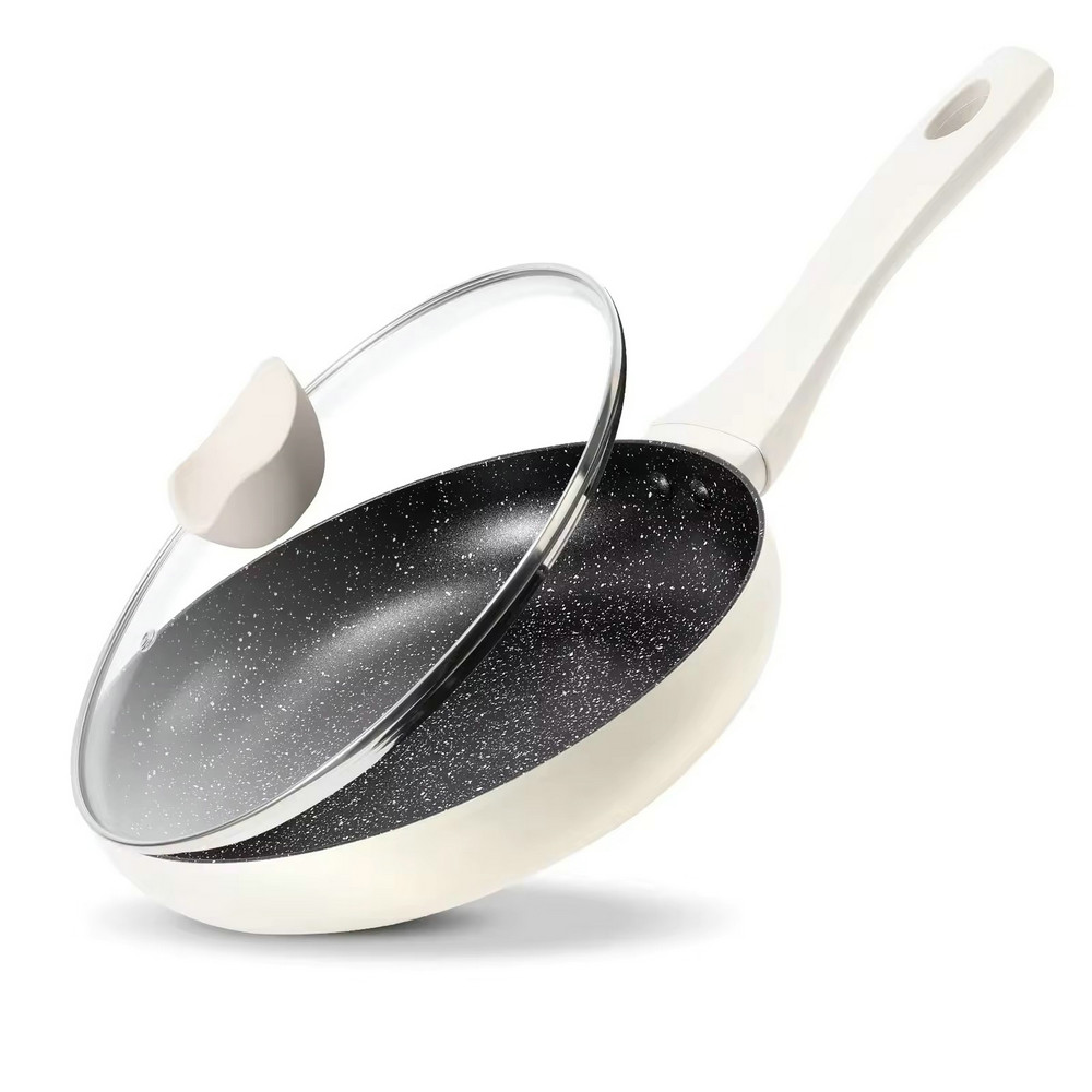 Padella antiaderente leggera in pietra di granito per cucinare con coperchio in vetro